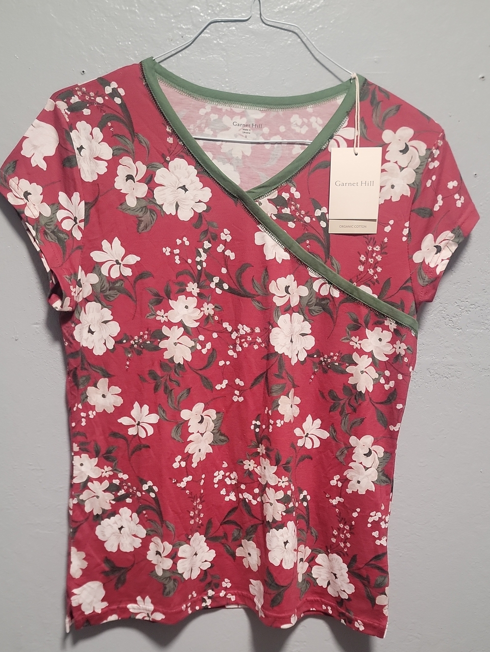Garnet Hill Red Floral Wrap-Front Short Sleeve Tee with Green Trim